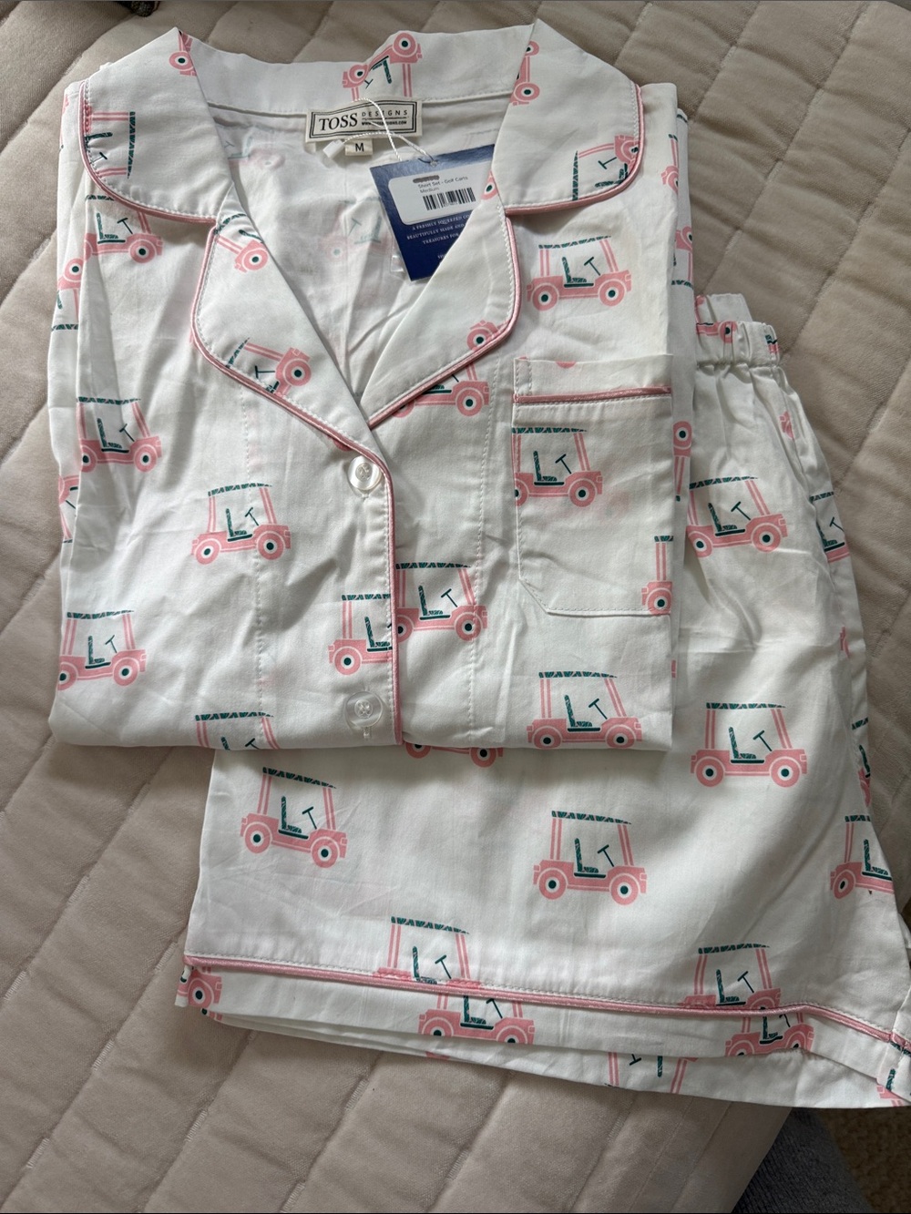 Toss & Company White Pajama Set with Pink Golf Cart Print